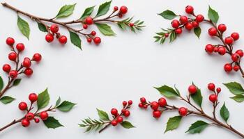 Watercolor painted Christmas branches with red berries arranged on white background, festive seasonal design created with photo. photo