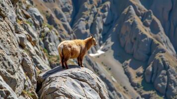 a mountain goat perched precariously on a rocky cliff. photo