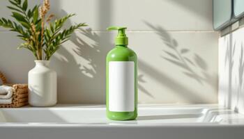 Green shampoo bottle mockup with blank label placed in a minimalist bathroom setup, perfect for eco friendly branding projects. photo