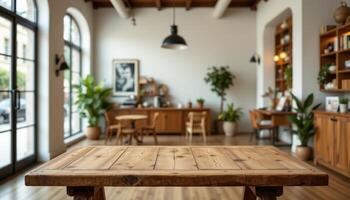 vintage blur interior with empty wooden table, bright window light, modern room setup for advertisement or product display photo