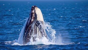 Whale breaching dramatically above sea surface, ocean splash and light scattering mid air, powerful marine wildlife moment, photo. photo