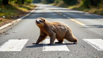 A sloth crossing a road slowly, captured in a humorous and heartwarming wildlife moment, symbolizing patience and calmness. photo