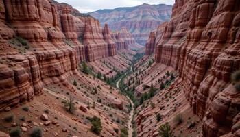a canyon with layered red rock formations. photo