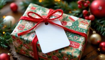 Christmas present beautifully wrapped with a plush bow and a handwritten tag photo