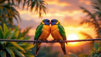 two colorful lovebirds perched on a wire, cuddling affectionately, romantic symbol of love, soft sunset background photo