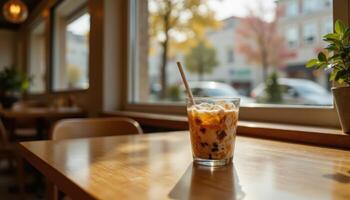 iced drink with animal print cup, cozy wood table, playful afternoon light photo