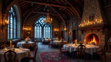 a candlelit medieval banquet hall with roaring fireplaces. photo
