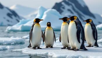 Group of penguins standing on melting iceberg, symbolic scene of climate change and arctic environment, created with photo. photo