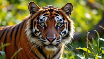 Majestic Bengal tiger staring intently in its natural wild habitat, capturing raw beauty, strength, and the spirit of nature. photo