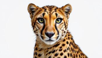 cheetah isolated against white background, detailed fur pattern, intense gaze, wildlife studio photography for educational use photo