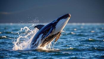 Dynamic wildlife shot of a whale leaping above ocean waves, splash frozen mid air under soft morning light photo