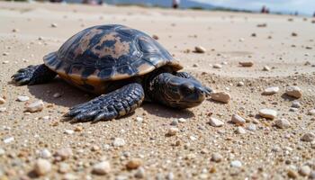 a turtle crawling on a beach photo