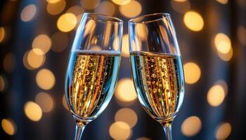 Elegant portrait of two champagne glasses toasting against soft bokeh lights photo