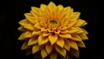 yellow dahlia macro, dark background, floral contrast, warm rich tone photo