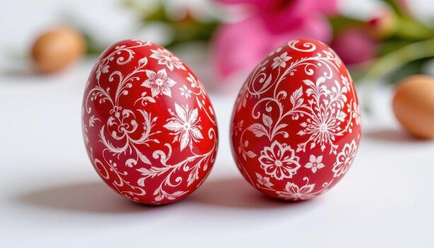 close up of two red easter eggs with intricate patterns on white background, festive and elegant holiday symbol, photo. photo