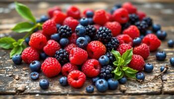 Freshness of summer reflected in a vibrant collection of ripe, juicy berries scattered on a rustic wooden surface. photo