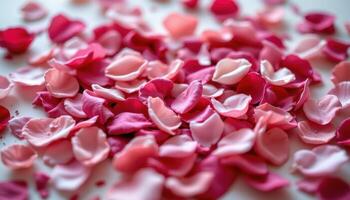 Romantic bouquet of pink and red petals arranged in heart shape, soft lighting and focus creating intimate floral moment, photo. photo