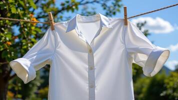 a crisp white shirt drying on a clothesline in summer wind. photo