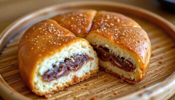 a japanese dorayaki sliced open to reveal a thick layer of red bean paste, presented on a bamboo tray. photo