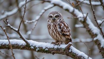 owl perched on a snowy branch photo
