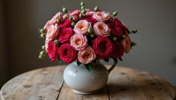 roses and carnations in vintage vase, rustic wood table, elegant floral styling photo