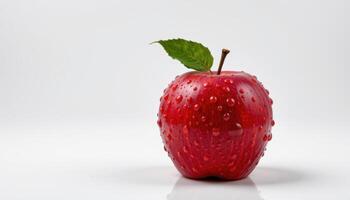 Red apple covered in water droplets, placed on white background for clean product showcase, highlighting natural freshness, photo. photo
