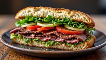 Grilled beef sandwich layered with fresh ingredients on rustic bread, offering a delicious and hearty gourmet meal. photo