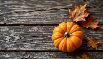 Still life autumn themed composition with a single pumpkin and dry autumn leaf placed on vintage wooden surface, photo based.