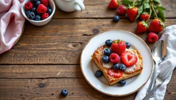 Wooden table with fresh berries and pastries, sweet rustic breakfast layout photo