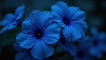 Close up blue flowers with water drops on dark moody background, macro lens detail, vivid botanical texture photo