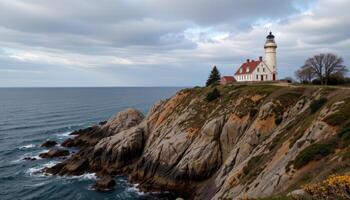 seaside lighthouse on a rocky cliff photo