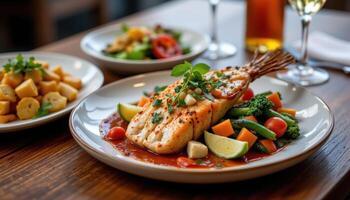 Gourmet seafood dish plated on wood table with seasonal sides, detailed food styling in warm ambient light, photo. photo