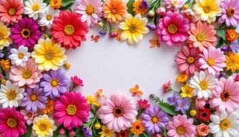Fresh floral spring background composed of colorful, blooming flowers, arranged elegantly to evoke renewal, freshness, and beauty. photo