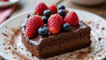 A slice chocolate cake adorned with luscious ganache, fresh berries, and a dusting of cocoa powder. photo. photo