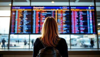 Rear view of a woman observing the arrival and departure board at an airport, symbolizing travel excitement, journeys photo