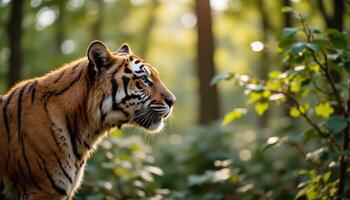 A focused photo of a Bengal tiger, staring at the beauty of nature, generated by AI.