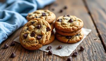 Homemade chocolate chip cookies on wooden table, sweet fresh baked snack photo