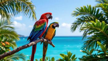 two colorful macaws perched on branch against serene blue ocean backdrop, lush tropical greenery, vacation escape paradise theme photo