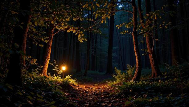 Nighttime forest illuminated by single lantern, casting soft golden light across leaves and path, moody wilderness photography. photo