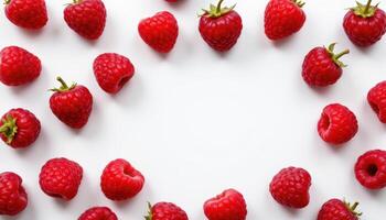Juicy raspberries arranged on a clean white surface, each berry bursting with color and freshness photo