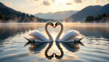 Romantic scene of two swans forming a heart shape on a misty mountain lake at dawn, symbolizing love and harmony. photo