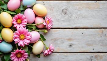 Bouquet of flowers with Easter eggs, on a wooden background, space for text. photo. photo