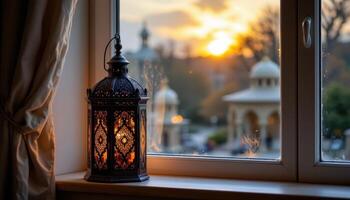 traditional arabic lantern placed on a window sill with soft ambient evening light, intricate patterns casting beautiful shadows photo