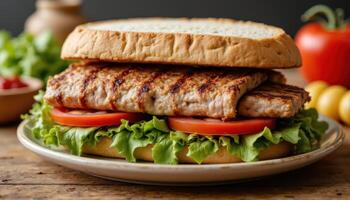 Grilled pork sandwich with lettuce and tomato, gourmet meal concept, fresh and ready to eat photo