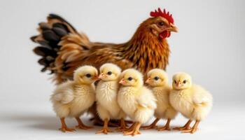 mother hen with fluffy baby chicks on clean white background, adorable farm animal family portrait, natural rustic simplicity photo