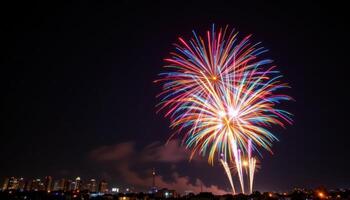 Fireworks exploding in night sky, colorful celebration captured in motion photo