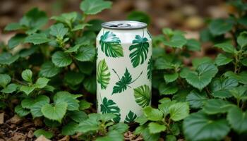 A vibrant can adorned with green leaf patterns is positioned among various fresh foliage photo