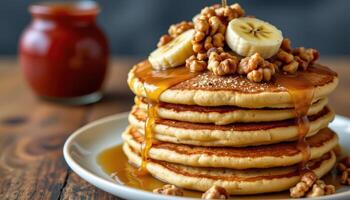 a stack of fluffy pancakes with maple syrup dripping down, topped with bananas and walnuts. photo