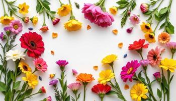 Mixed colorful flowers on clean white background, flat lay style for decoration photo