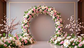elegant spring floral installation featuring geometric arch, pastel blossoms, 3d rendered scene for modern event styling, photo. photo